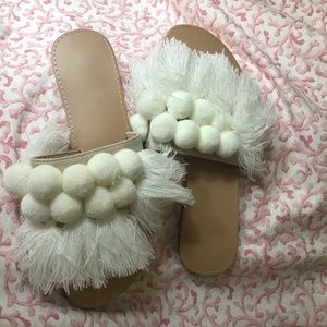 Pom pom and fringe slide sandals